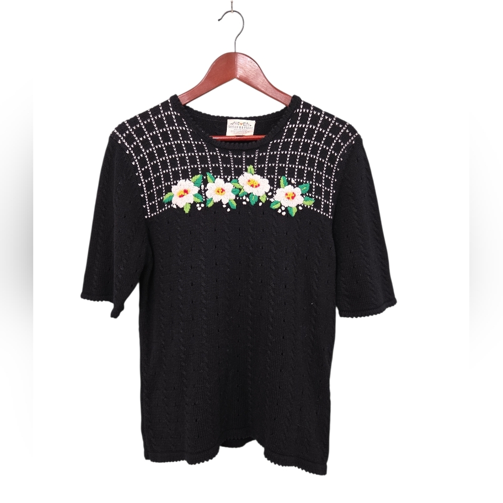 Vintage Susan Bristol 1991 Black Knit Top with Hand Floral Embroidery Size Large